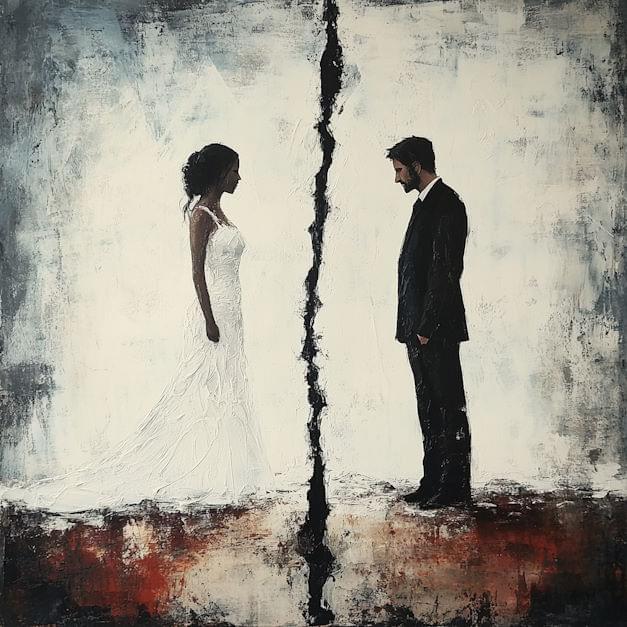 Obraz żony i męża z rozdarciem na środku