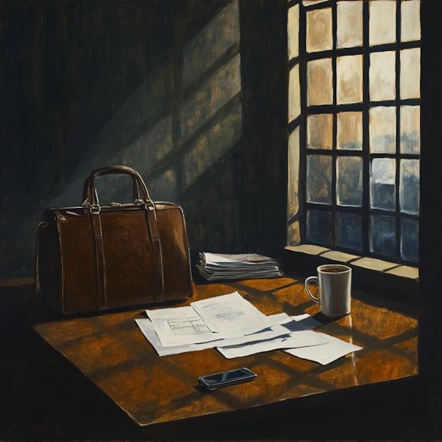 Biurko ze stostem dokumentów oraz aktówką i kubkiem kawy