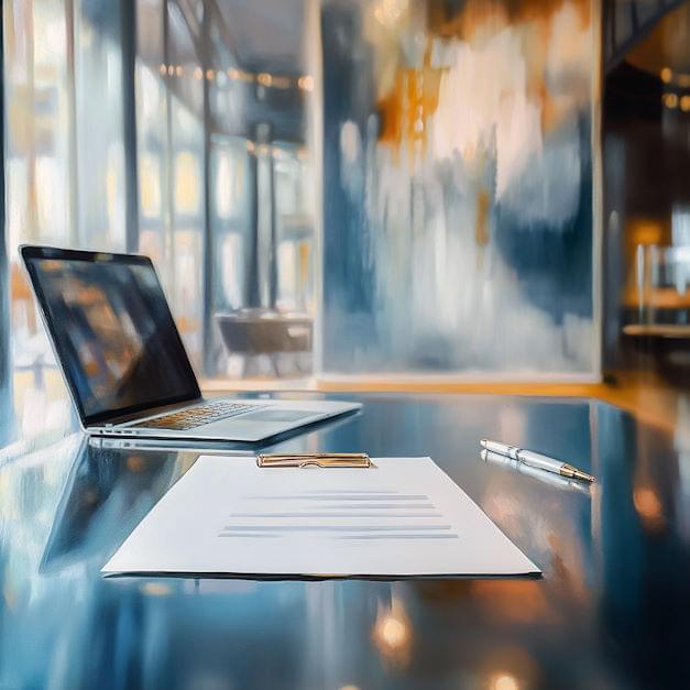 Dokument, pióro oraz laptop na biurku